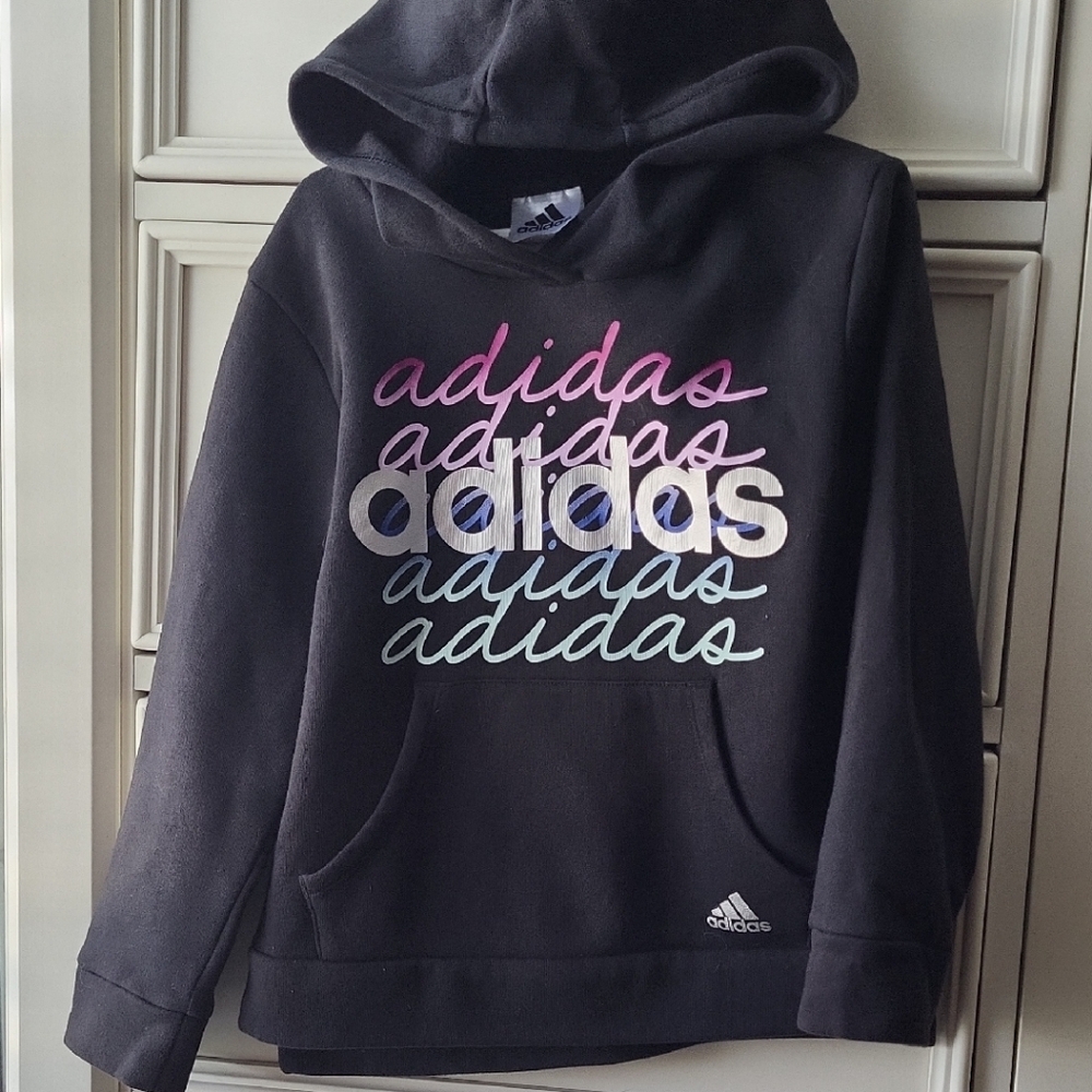 Adidas Kids Black Hoodie with Multicolor Logo - EUC 5